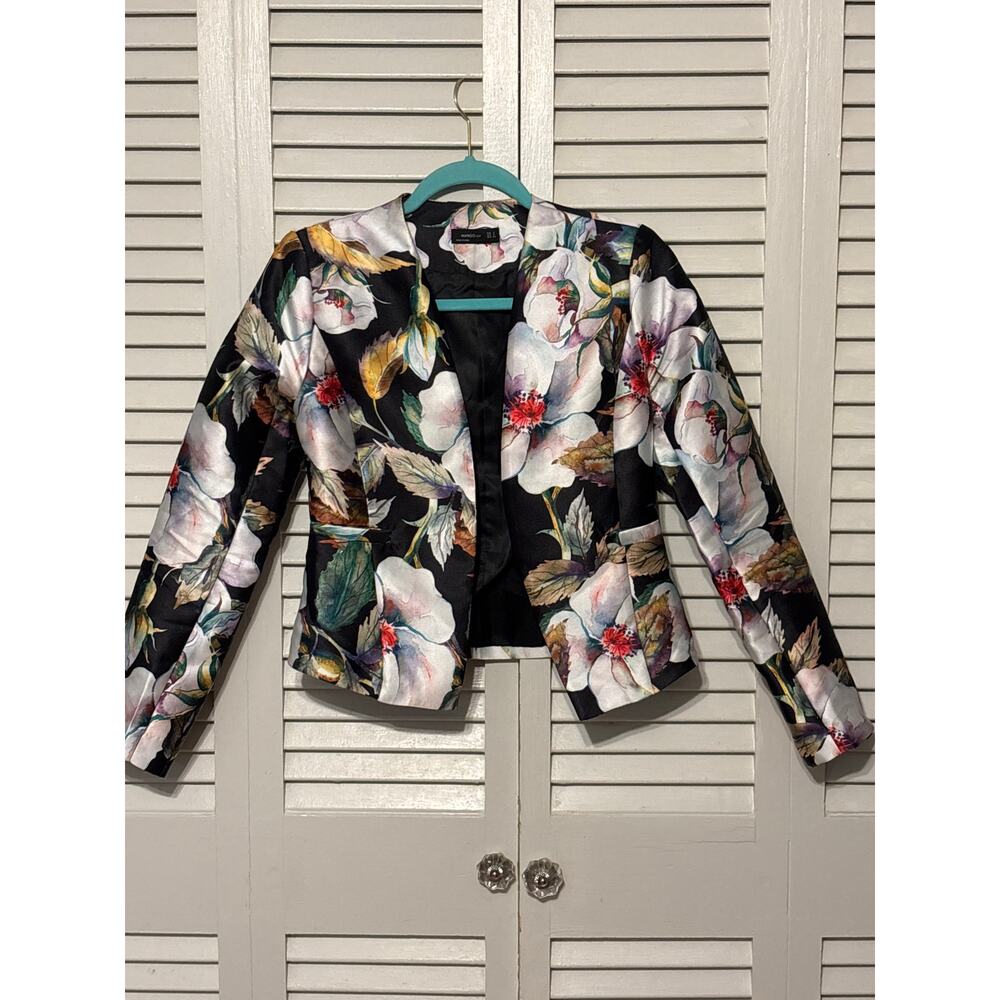 Mango Black and White Floral Open Front Blazer Jacket Women's Size S